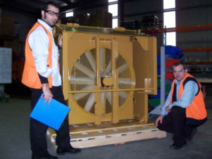 Paul Marra (left) and Kye Evans (right) inspect the fan system on an Air Radiators cooling package. Paul Marra (left) and Kye Evans (right) inspect the fan system on an Air Radiators cooling package.